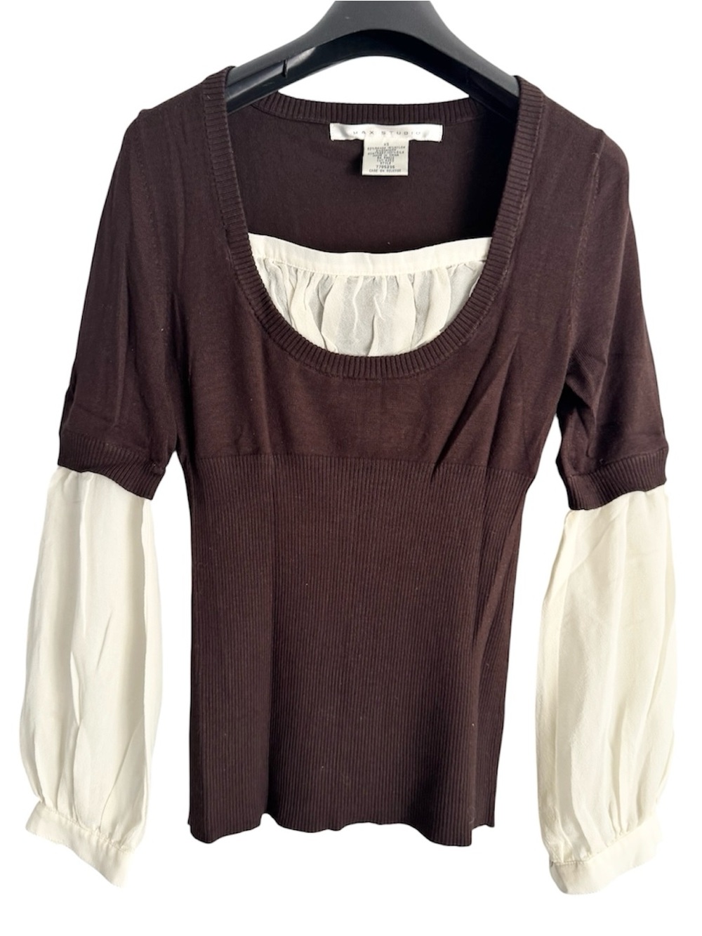 MAX STUDIO - XS Brown Ribbed Knit Top w/ Cream Blouse Sleeves – Layered Look